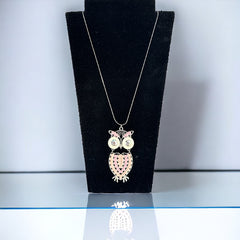 Vintage Pink & White Enamel Silver Tone Articulated Owl Pendant Chain Necklace | Animal Jewelry | Owl Collector Gift Idea 