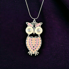 Vintage Pink & White Enamel Silver Tone Articulated Owl Pendant Chain Necklace | Animal Jewelry | Owl Collector Gift Idea 