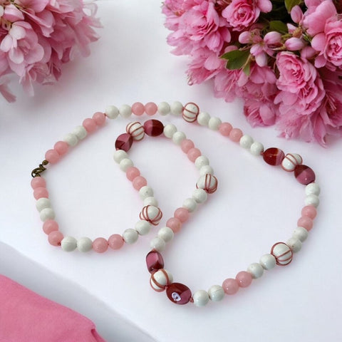 Vintage White & Pink Beaded Long Necklace – 1950s Elegant Pastel Charm