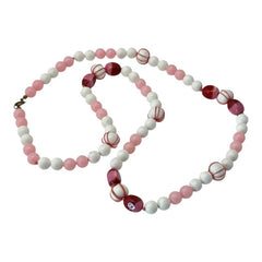 Vintage White & Pink Beaded Long Necklace – 1950s Elegant Pastel Charm