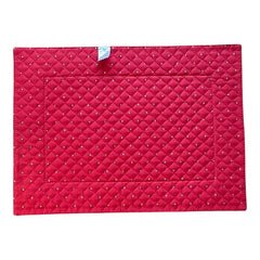 Reversible quilted cotton placemat in Fleurette Red Yellow by Marat d’Avignon, featuring a red diamond-quilted center with petite golden florals and yellow floral scroll borders on the front, and an allover red reverse with golden diamond accents, crafted in Provence.