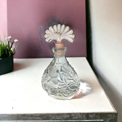 Vintage Art Deco Style Pressed Glass Perfume Bottle with Etched Floral Design & Pink Fan Stopper | 1940s-50s Decorative Glass | Gift Idea