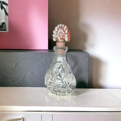 Vintage Art Deco Style Pressed Glass Perfume Bottle with Etched Floral Design & Pink Fan Stopper | 1940s-50s Decorative Glass | Gift Idea