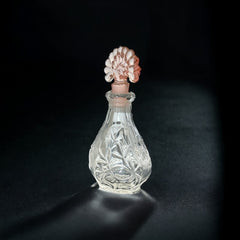 Vintage Art Deco Style Pressed Glass Perfume Bottle with Etched Floral Design & Pink Fan Stopper | 1940s-50s Decorative Glass | Gift Idea