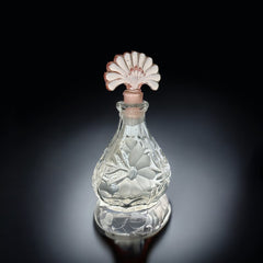 Vintage Art Deco Style Pressed Glass Perfume Bottle with Etched Floral Design & Pink Fan Stopper | 1940s-50s Decorative Glass | Gift Idea
