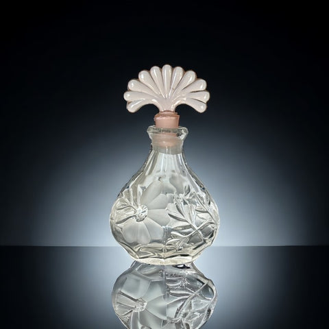 Vintage Art Deco Style Pressed Glass Perfume Bottle with Etched Floral Design & Pink Fan Stopper | 1940s-50s Decorative Glass | Gift Idea