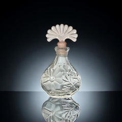 Vintage Art Deco Style Pressed Glass Perfume Bottle with Etched Floral Design & Pink Fan Stopper | 1940s-50s Decorative Glass | Gift Idea