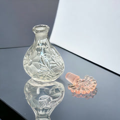 Vintage Art Deco Style Pressed Glass Perfume Bottle with Etched Floral Design & Pink Fan Stopper | 1940s-50s Decorative Glass | Gift Idea