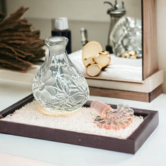 Vintage Art Deco Style Pressed Glass Perfume Bottle with Etched Floral Design & Pink Fan Stopper | 1940s-50s Decorative Glass | Gift Idea