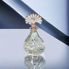 Vintage Art Deco Style Pressed Glass Perfume Bottle with Etched Floral Design & Pink Fan Stopper | 1940s-50s Decorative Glass | Gift Idea