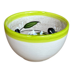Small round ceramic bowl with green interior and rim, hand-painted with swirling olive branches, black olives, and green leaves on a beige base; measures 4 inches in diameter and 2.5 inches high.