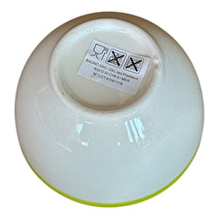 Small round ceramic bowl with green interior and rim, hand-painted with swirling olive branches, black olives, and green leaves on a beige base; measures 4 inches in diameter and 2.5 inches high.