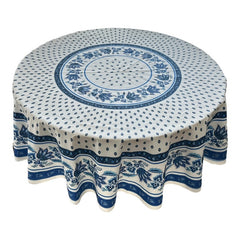 Round Provence-style cotton tablecloth by Le Cluny, featuring a blue and white floral design inspired by French elegance. Coated for easy cleaning, measures 70 inches in diameter, perfect for indoor and outdoor use.