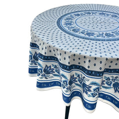 Round Provence-style cotton tablecloth by Le Cluny, featuring a blue and white floral design inspired by French elegance. Coated for easy cleaning, measures 70 inches in diameter, perfect for indoor and outdoor use.