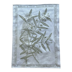 Provence tea towel featuring an olive branch with fruits and flowers at the center, framed by the repeated text 'L'Écomusée de l'Olivier.' Woven in olive green on a natural background with a 100% cotton composition, blending rustic charm and elegance.
