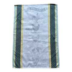 Provence tea towel featuring Le Poulailler design with rooster, hen, eggs, chicks, and chicken motifs. Center in natural and light gray tones, bordered with yellow stripes, dark green checkered pattern, and lighter green edges. Made of 100% cotton, ideal for French farmyard decor.