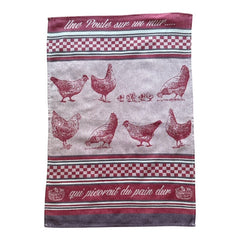 Provence tea towel featuring a Poule design with hens and chicks, woven in red and natural tones with eggplant-colored stripes and a checkered pattern. Includes the French children's song 'Une poule sur un mur qui picorait du pain dur.' Made of 100% cotton, perfect for decorative kitchen use.