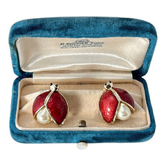 Vintage 1990s Guilloché Enamel and Faux Pearl Ladybug Brooches – Set of 2 Scatter Pins