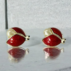 Vintage 1990s Guilloché Enamel and Faux Pearl Ladybug Brooches – Set of 2 Scatter Pins