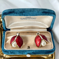Vintage 1990s Guilloché Enamel and Faux Pearl Ladybug Brooches – Set of 2 Scatter Pins