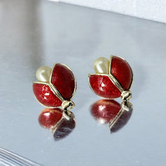 Vintage 1990s Guilloché Enamel and Faux Pearl Ladybug Brooches – Set of 2 Scatter Pins