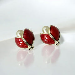 Vintage 1990s Guilloché Enamel and Faux Pearl Ladybug Brooches – Set of 2 Scatter Pins