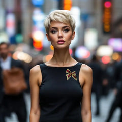 Vintage 1990s bow brooch in red enamel and gold-tone metal with pavé rhinestones, shown worn or displayed to highlight its elegant design and excellent condition.