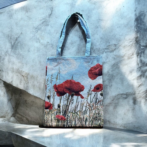 French Wild Red Poppy Field Tapestry Tote Bag | Stylish Colorful Carryall | Fashionable Summer Colors Shoulder Bag 