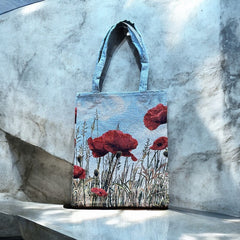 French Wild Red Poppy Field Tapestry Tote Bag | Stylish Colorful Carryall | Fashionable Summer Colors Shoulder Bag 