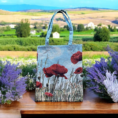 French Wild Red Poppy Field Tapestry Tote Bag | Stylish Colorful Carryall | Fashionable Summer Colors Shoulder Bag 
