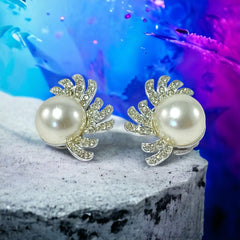 Vintage Richelieu Faux Pearl & Pave Rhinestones Silver Tone Clip-on Earrings