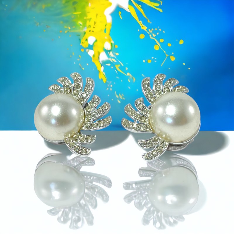 Vintage Richelieu Faux Pearl & Pave Rhinestones Silver Tone Clip-on Earrings