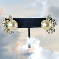 Vintage Richelieu Faux Pearl & Pave Rhinestones Silver Tone Clip-on Earrings