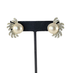 Vintage Richelieu Faux Pearl & Pave Rhinestones Silver Tone Clip-on Earrings
