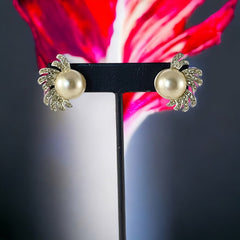 Vintage Richelieu Faux Pearl & Pave Rhinestones Silver Tone Clip-on Earrings