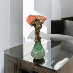 Signed Romanian Handblown Art Glass Vase | Green & Red-Orange with Copper Overlay | 1990s