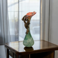 Signed Romanian Handblown Art Glass Vase | Green & Red-Orange with Copper Overlay | 1990s