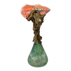 Signed Romanian Handblown Art Glass Vase | Green & Red-Orange with Copper Overlay | 1990s