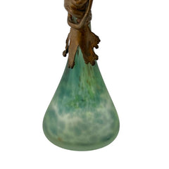 Signed Romanian Handblown Art Glass Vase | Green & Red-Orange with Copper Overlay | 1990s