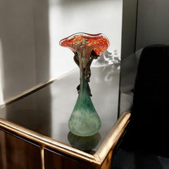 Signed Romanian Handblown Art Glass Vase | Green & Red-Orange with Copper Overlay | 1990s