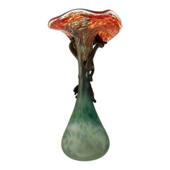Signed Romanian Handblown Art Glass Vase | Green & Red-Orange with Copper Overlay | 1990s