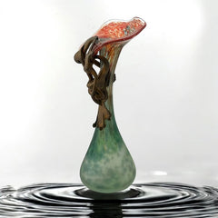 Signed Romanian Handblown Art Glass Vase | Green & Red-Orange with Copper Overlay | 1990s