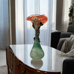 Signed Romanian Handblown Art Glass Vase | Green & Red-Orange with Copper Overlay | 1990s