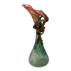 Signed Romanian Handblown Art Glass Vase | Green & Red-Orange with Copper Overlay | 1990s