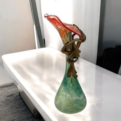 Signed Romanian Handblown Art Glass Vase | Green & Red-Orange with Copper Overlay | 1990s