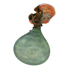 Signed Romanian Handblown Art Glass Vase | Green & Red-Orange with Bronze Overlay