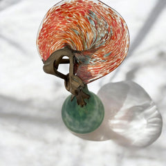 Signed Romanian Handblown Art Glass Vase | Green & Red-Orange with Bronze Overlay