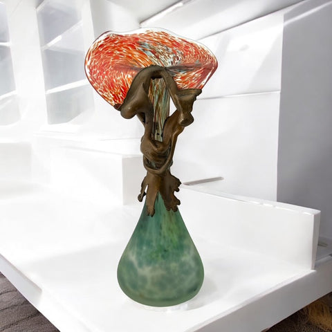 Signed Romanian Handblown Art Glass Vase | Green & Red-Orange with Copper Overlay | 1990s