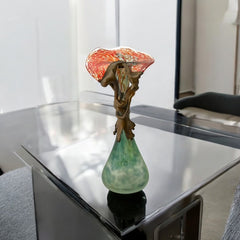 Signed Romanian Handblown Art Glass Vase | Green & Red-Orange with Copper Overlay | 1990s