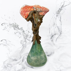 Signed Romanian Handblown Art Glass Vase | Green & Red-Orange with Copper Overlay | 1990s